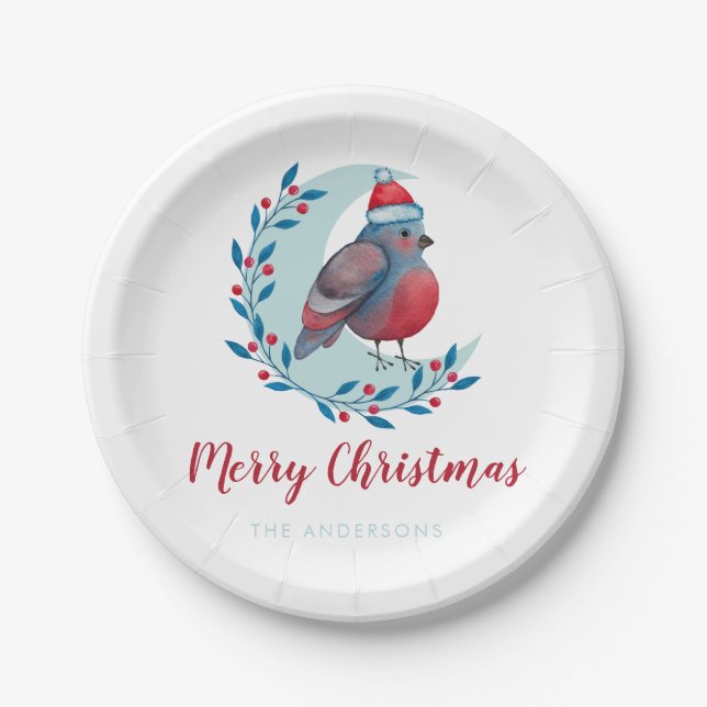Personalised Watercolor Christmas Bird On Moon Nap Paper Plate (Front)