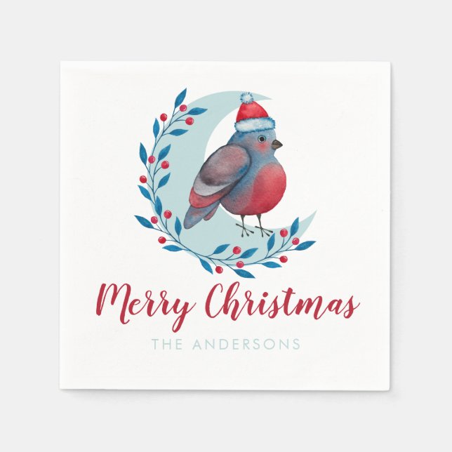Personalised Watercolor Christmas Bird On Moon Napkin (Front)