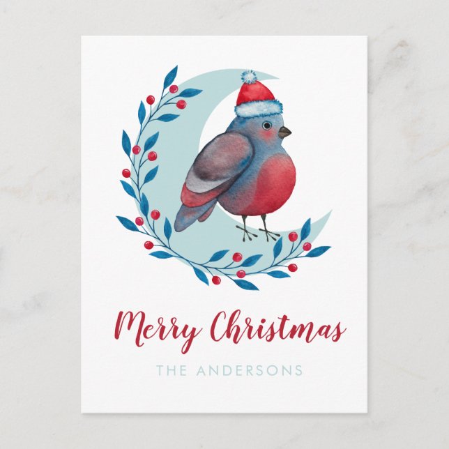 Personalised Watercolor Christmas Bird On Moon Postcard (Front)
