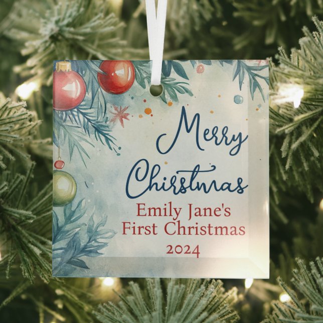 Personalised Watercolor Christmas Glass Tree Decoration (Insitu)