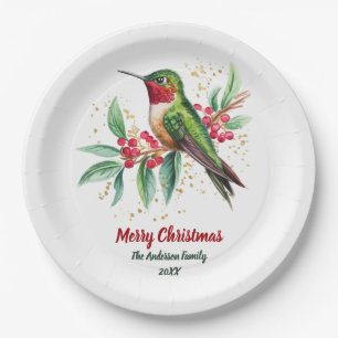 Personalised Watercolor Christmas Hummingbird Paper Plate