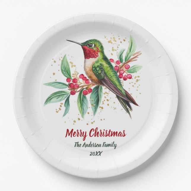 Personalised Watercolor Christmas Hummingbird      Paper Plate (Front)