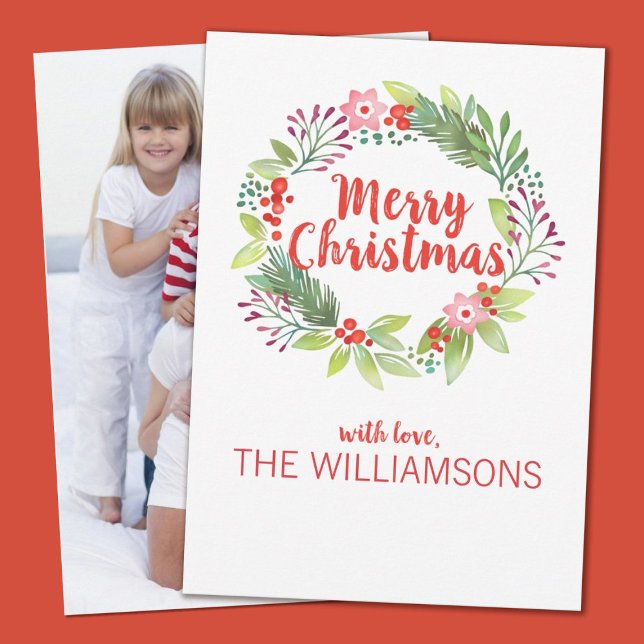 Personalised Watercolor Christmas Wreath Photo Holiday Card (A pretty watercolor floral Christmas wreath decorates this holiday photo card. )