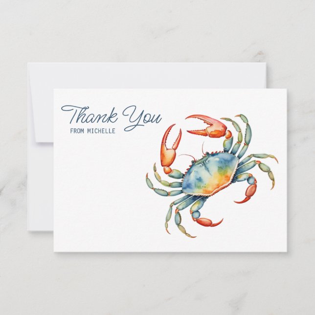 Personalised Watercolor Crab Beach Thank You Cards (Front)