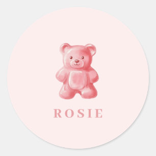 Personalised Watercolor Cute Pink Gummy Bear Classic Round Sticker
