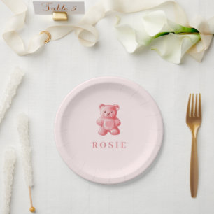 Personalised Watercolor Cute Pink Gummy Bear Paper Plate