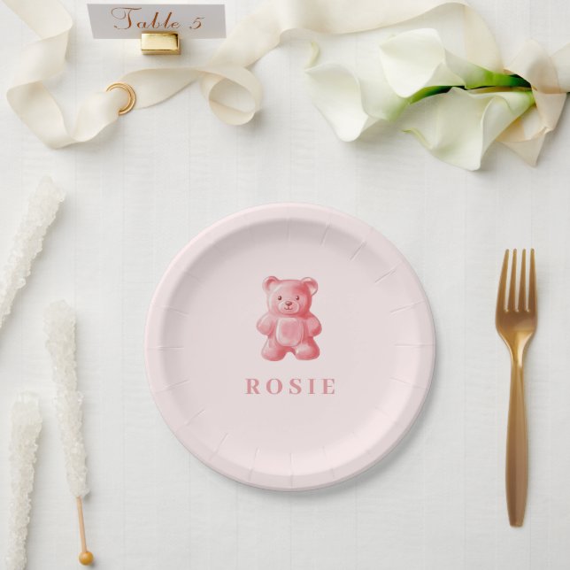 Personalised Watercolor Cute Pink Gummy Bear Paper Plate (Wedding)