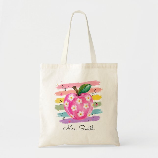 Personalised Watercolor Daisy Apple Tote Bag (Front)