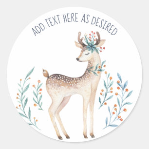 Personalised Watercolor Deer and Flowers Winter Classic Round Sticker