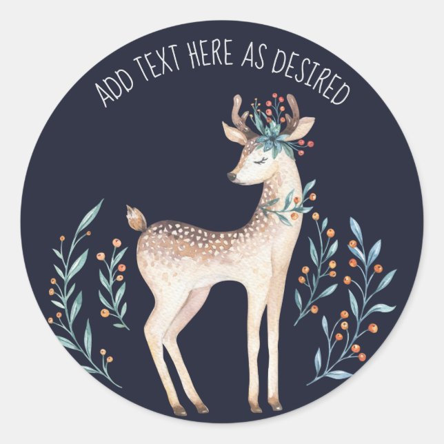 Personalised Watercolor Deer BLUE Flowers Winter Classic Round Sticker (Front)