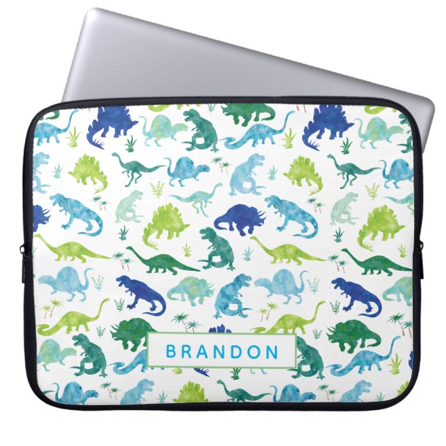 Personalised Watercolor Dinosaur Pattern Blue Kids Laptop Sleeve (Front)