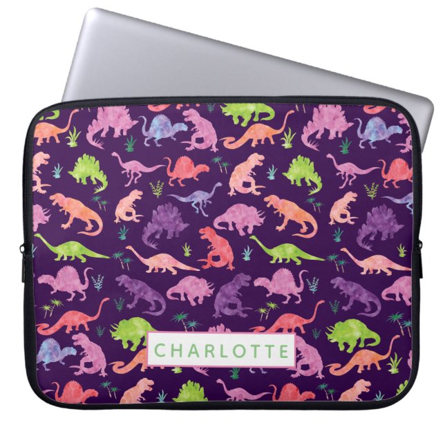 Personalised Watercolor Dinosaur Pattern Pink Kids Laptop Sleeve (Front)