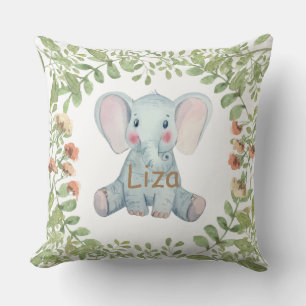 Personalised watercolor elephant greenery nursery cushion