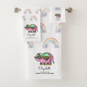Personalised Watercolor Elephant Rainbow Bath Towel Set