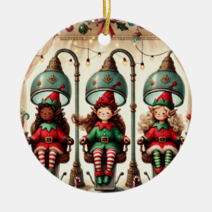 Personalised Watercolor Elves Getting Hair Done Ceramic Tree Decoration