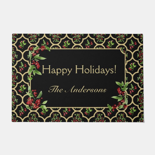 Personalised Watercolor Floral and Gold Quatrefoil Doormat (Front)