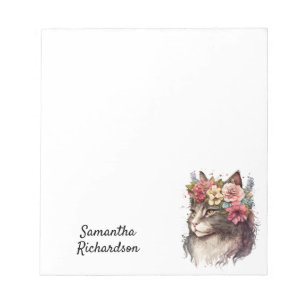 Personalised Watercolor Floral Boho Cat Notepad