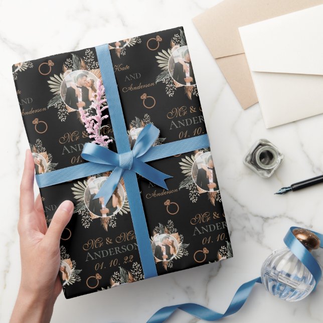 Personalised Watercolor Floral Bride & Groom Black Wrapping Paper (Gifting)