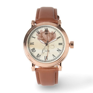 Personalised watercolor floral brown and beige watch