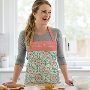 Personalised Watercolor Floral Coral Pink Green Apron
