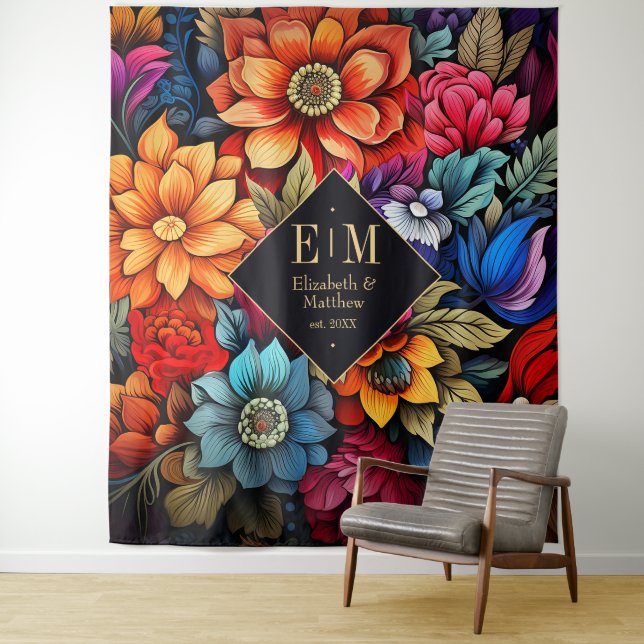 Personalised Watercolor Floral Fiesta Wedding Tapestry (In Situ)