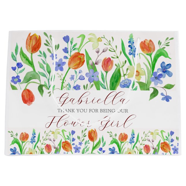 Personalised Watercolor Floral Flower Girl Large Gift Bag (Front)
