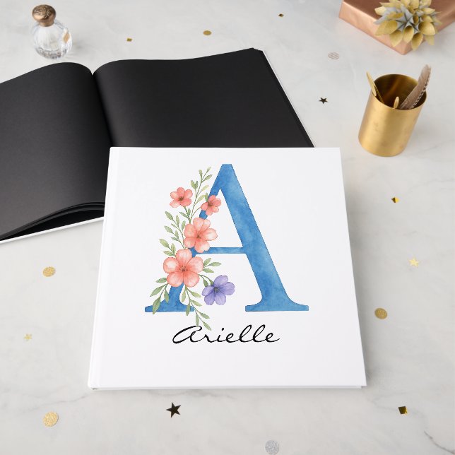 Personalised Watercolor Floral Letter A monogram Guest Book (Front Open)