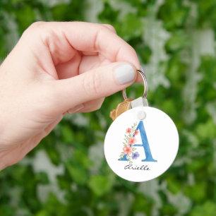 Personalised Watercolor Floral Letter A monogram Key Ring