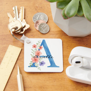 Personalised Watercolor Floral Letter A monogram Key Ring
