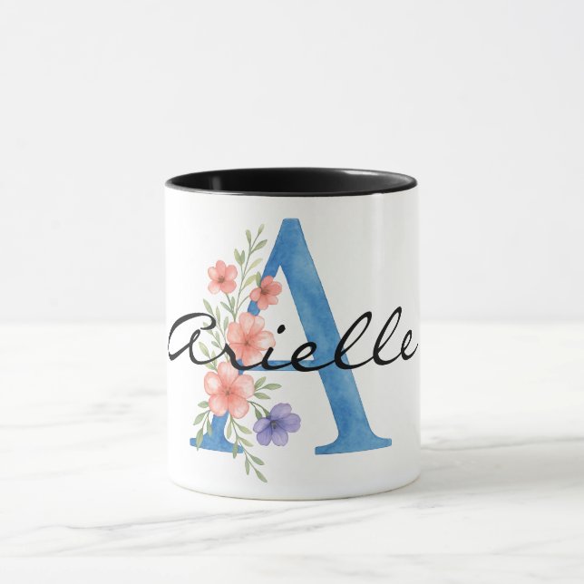 Personalised Watercolor Floral Letter A monogram Mug (Center)
