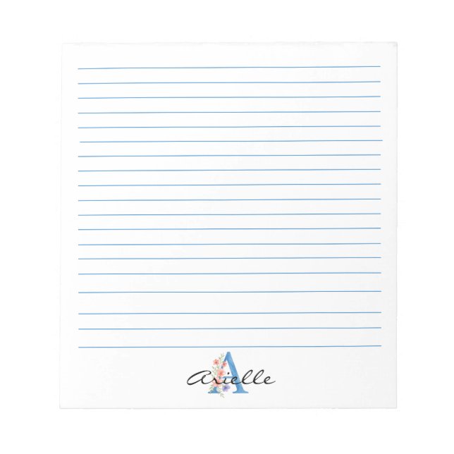 Personalised Watercolor Floral Letter A monogram Notepad (Front)