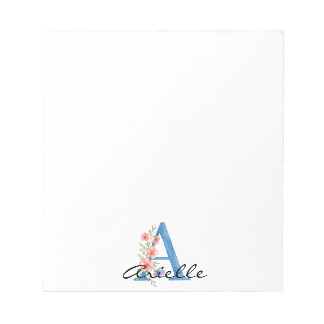 Personalised Watercolor Floral Letter A monogram Notepad (Front)