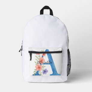 Personalised Watercolor Floral Letter A monogram Printed Backpack