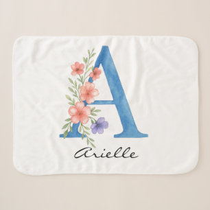 Personalised Watercolor Floral Letter A monogram Sherpa Blanket