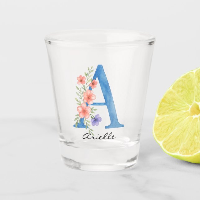 Personalised Watercolor Floral Letter A monogram Shot Glass (Front)