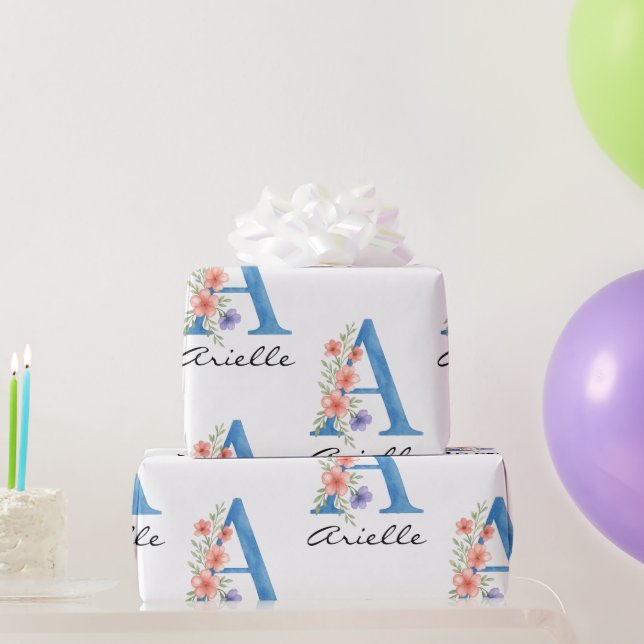 Personalised Watercolor Floral Letter A monogram Wrapping Paper (Party Gifts)