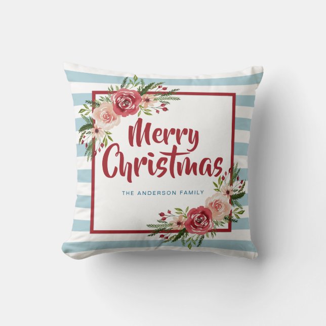 Personalised Watercolor Floral Merry Christmas Cushion (Front)