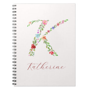 Personalised Watercolor Floral Monogram Letter K Notebook