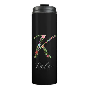 Personalised Watercolor Floral Monogram Letter K Thermal Tumbler