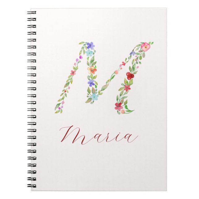 Personalised Watercolor Floral Monogram Letter M Notebook (Front)