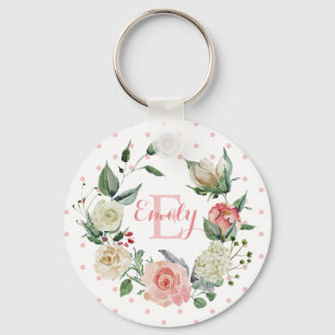Personalised Watercolor Floral Monogram Pink Rose Key Ring