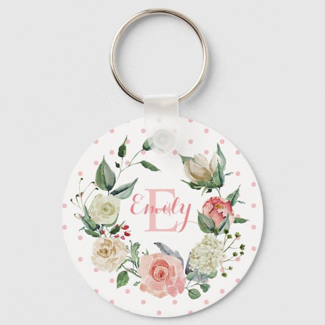 Personalised Watercolor Floral Monogram Pink Rose Key Ring (Front)