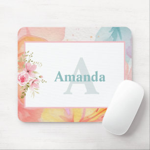 Personalised Watercolor Floral Name and Monogram Mouse Mat