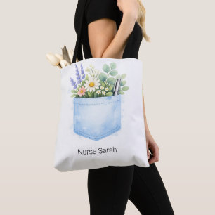 Personalised Watercolor Floral Scrubs Pocket Tote Bag