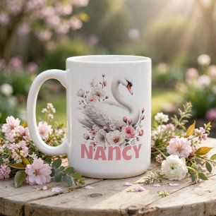 Personalised Watercolor Floral Swan Coffee Mug