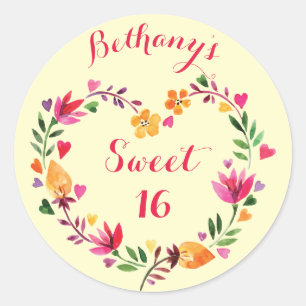 Personalised Watercolor Floral Sweet 16 Classic Round Sticker