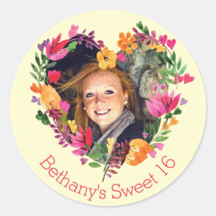 Personalised Watercolor Floral Sweet 16 Photo Classic Round Sticker