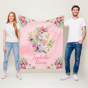 Personalised Watercolor Floral Unicorn Fleece Blanket