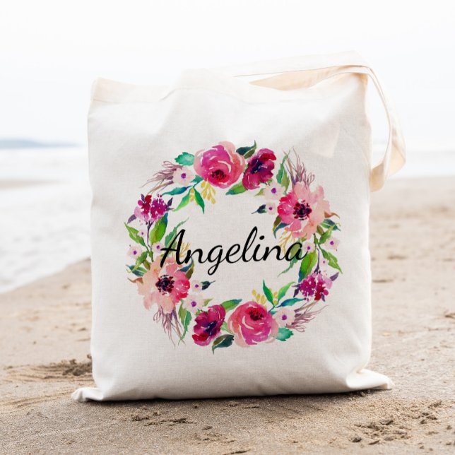 Personalised Watercolor Floral Wreath Wedding Tote Bag (Creator Uploaded)
