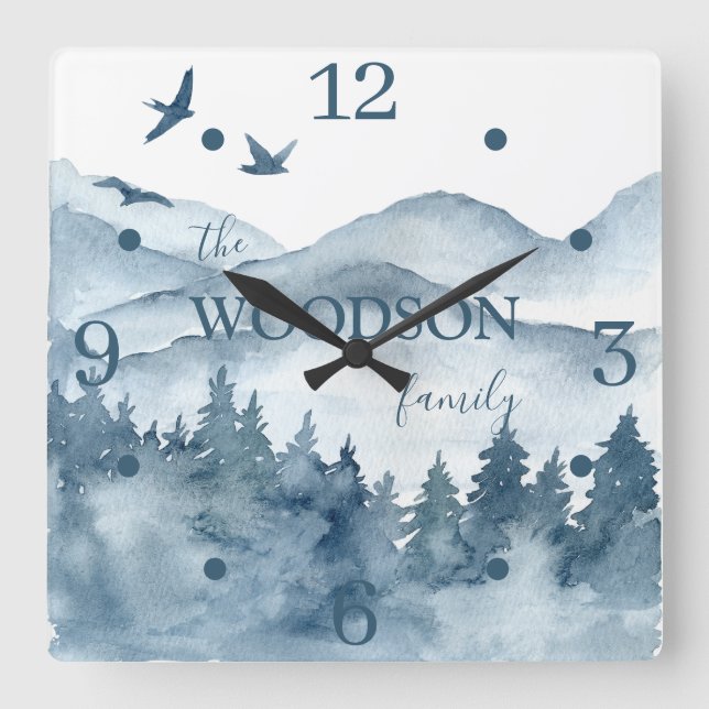 Personalised Watercolor Forest Family Name Square Wall Clock (Front)